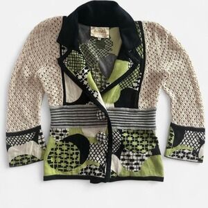Lia Molly New Orleans Green Abstract Geometric Crochet Sleeve Knit Jacket XS